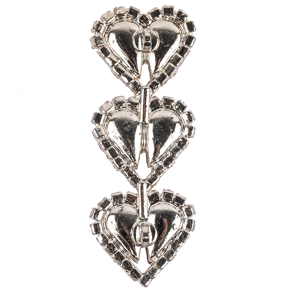 Vintage Swarovski Crystal Rhinestones and Silver Metal Three Hearts Sew-on Ornament - 2.25" x 0.875" Detail