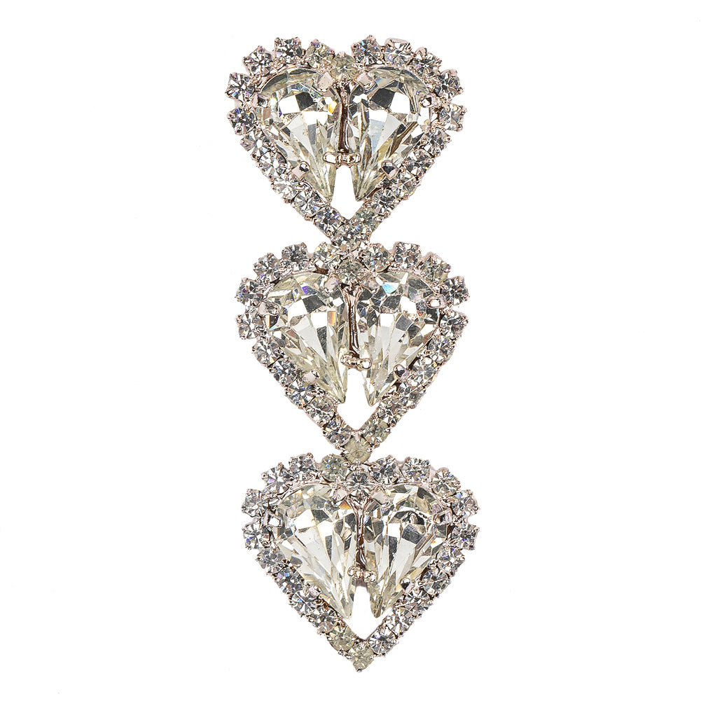 Vintage Swarovski Crystal Rhinestones and Silver Metal Three Hearts Sew-on Ornament - 2.25" x 0.875"