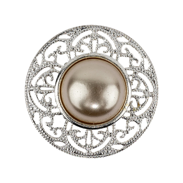 Vintage Swarovski Pearl and Silver Metal Open Framework Rhinestone Button - 44L/28mm