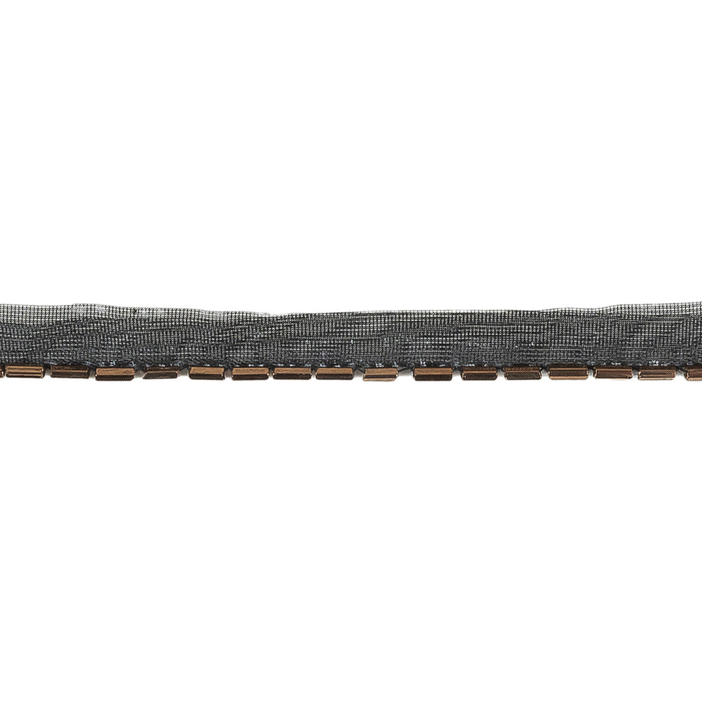Vintage Bronze Bugle Beads on Black Trimming - 0.375" Detail