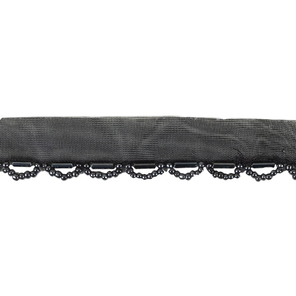 Vintage Black and Gunmetal Seed and Bugle Beaded Scalloped Trim - 0.75" Detail