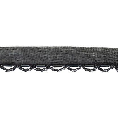 Vintage Black and Gunmetal Seed and Bugle Beaded Scalloped Trim - 0.75" Detail