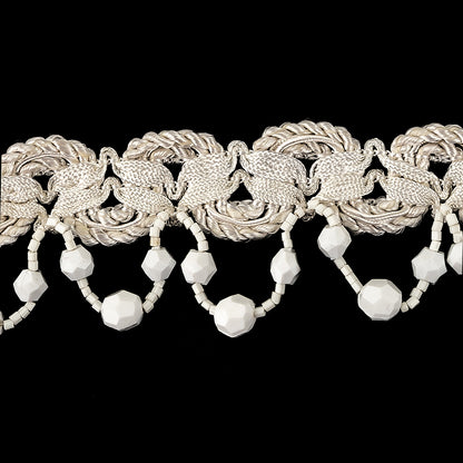 Vintage Ivory Braided Trimming with White Chop and Faceted Beaded Fringe - 1.5" Detail
