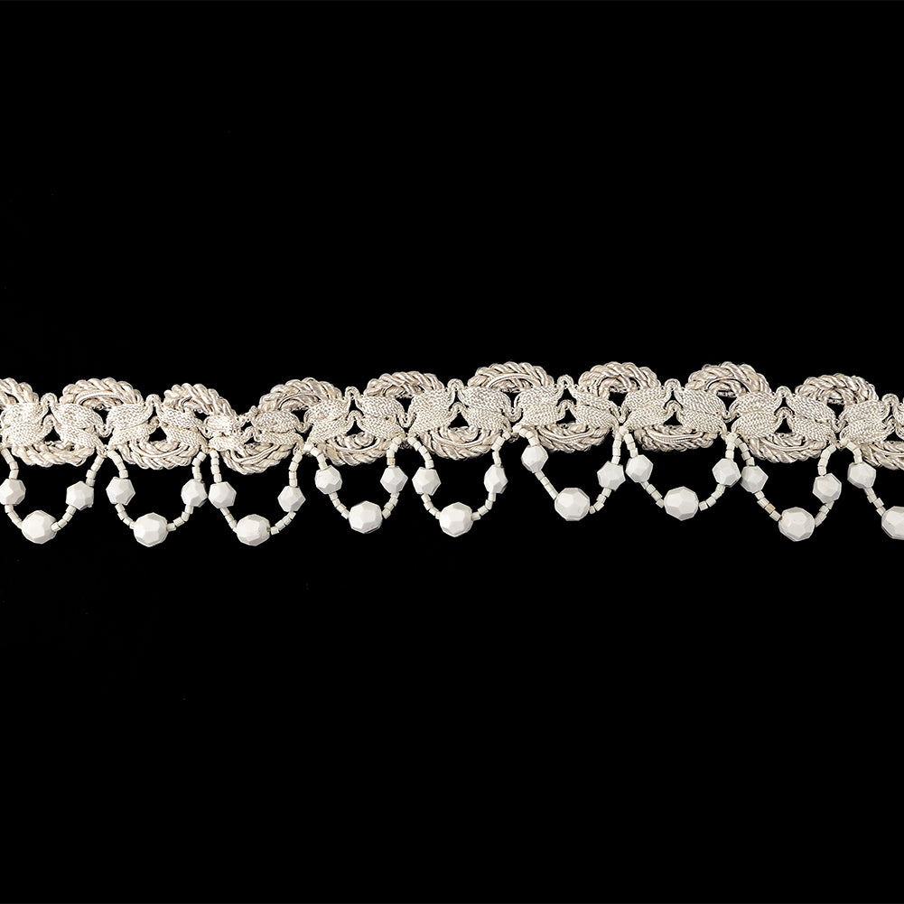 Vintage Ivory Braided Trimming with White Chop and Faceted Beaded Fringe - 1.5"