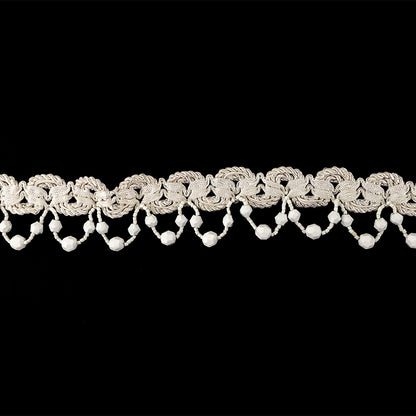Vintage Ivory Braided Trimming with White Chop and Faceted Beaded Fringe - 1.5"