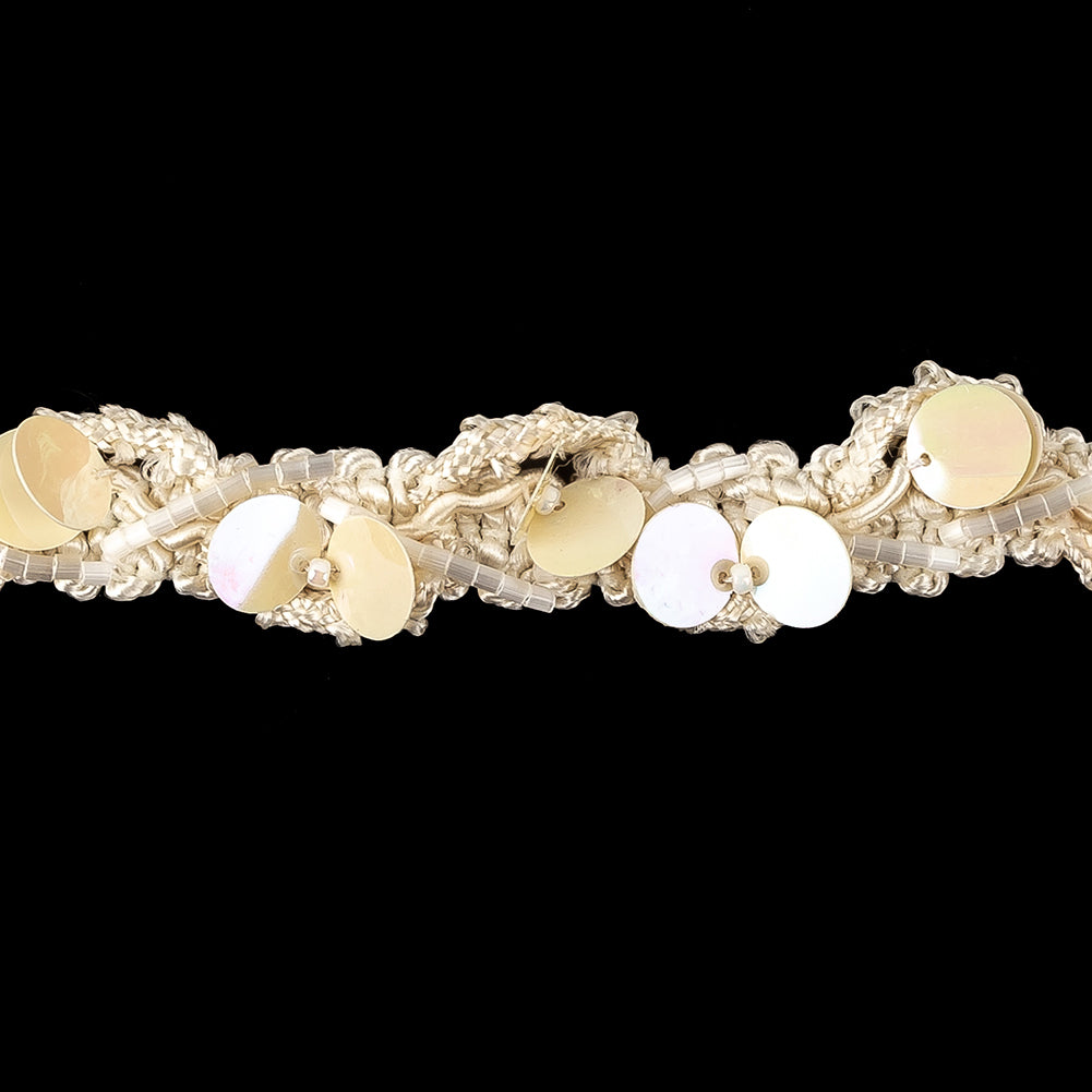 Vintage White Iris Paillette Sequins and White Satin Bugle Beaded Eggnog Trimming - 0.75" Detail