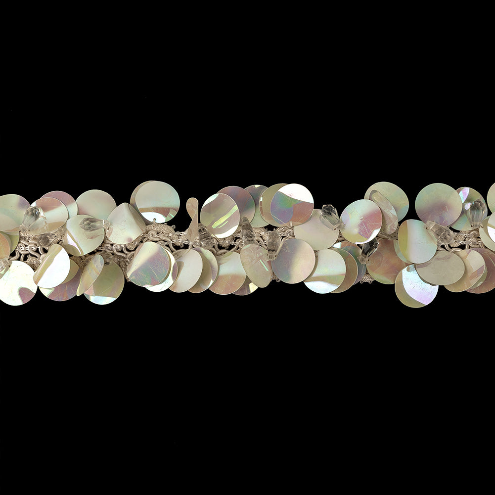Vintage White Iris Paillette Sequins and Faceted Teardrop Beaded Fringe Trimming on Ivory Braid - 2.125"