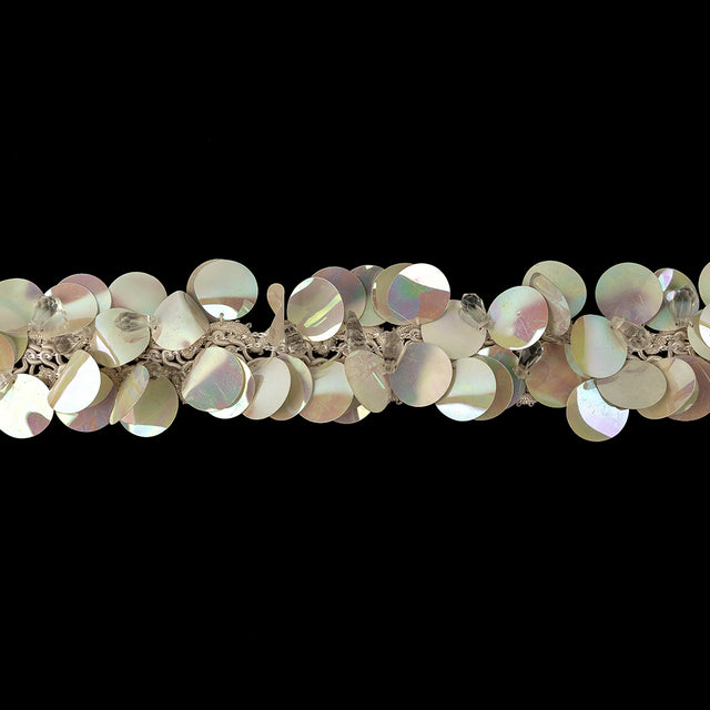 Vintage White Iris Paillette Sequins and Faceted Teardrop Beaded Fringe Trimming on Ivory Braid - 2.125"