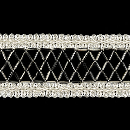 Vintage Silver and Ivory Diamond Lattice Woven Beaded Trim - 1.75" Detail