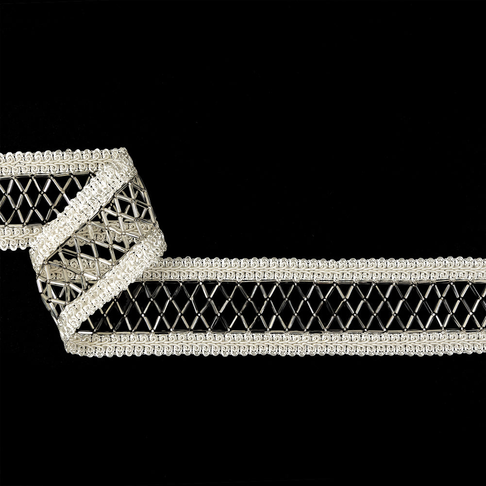 Vintage Silver and Ivory Diamond Lattice Woven Beaded Trim - 1.75"