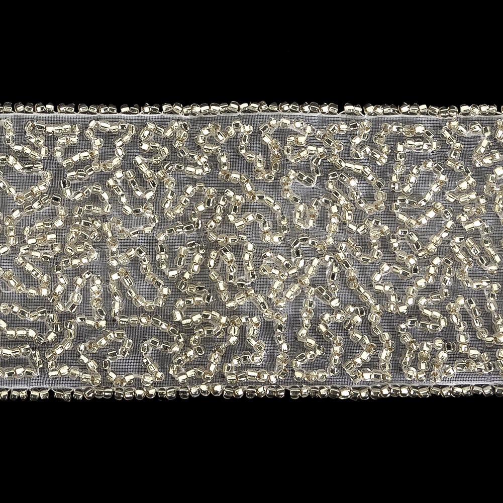 Vintage Fancy Silver-lined Abstract Beaded Trimming on White - 2" Detail
