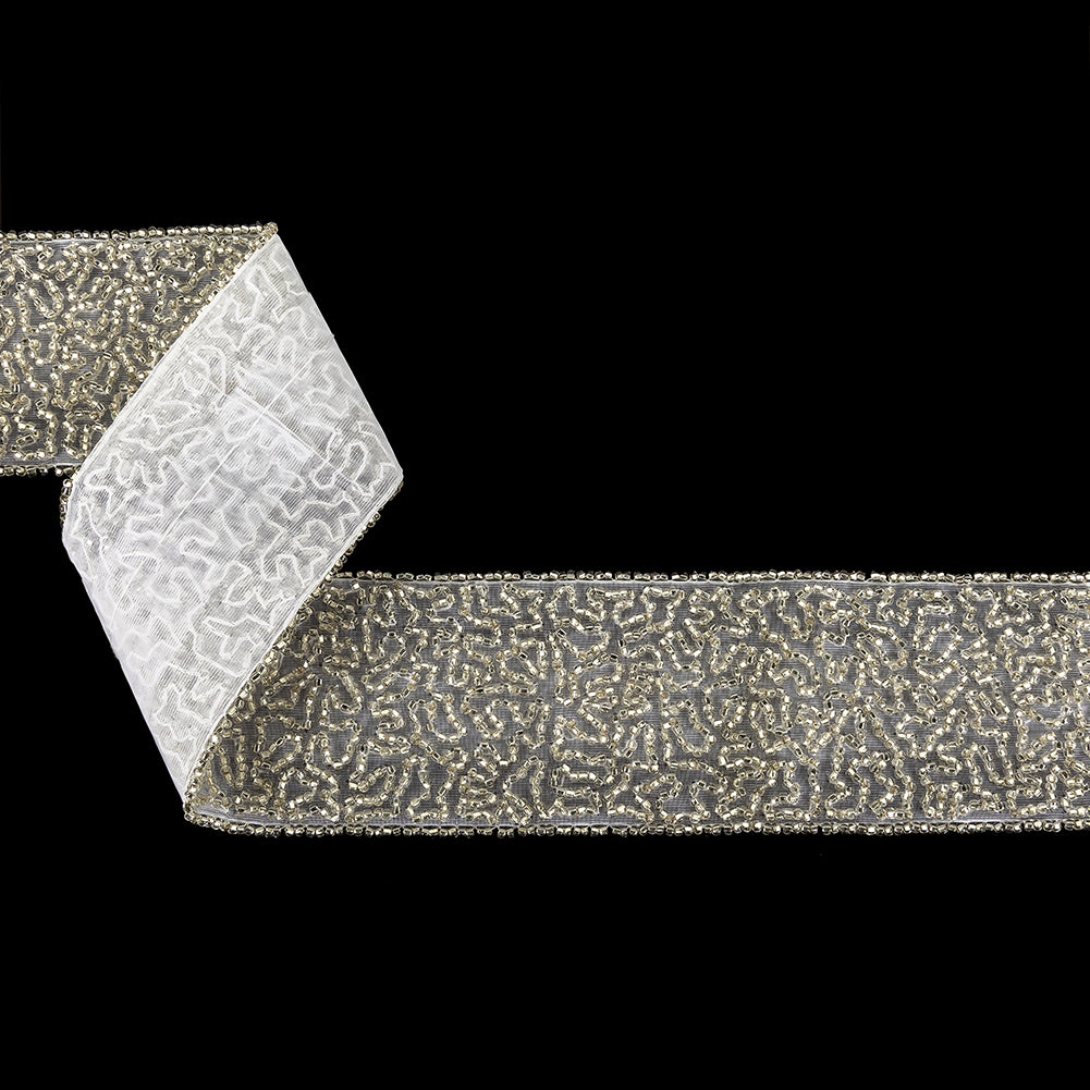 Vintage Fancy Silver-lined Abstract Beaded Trimming on White - 2"