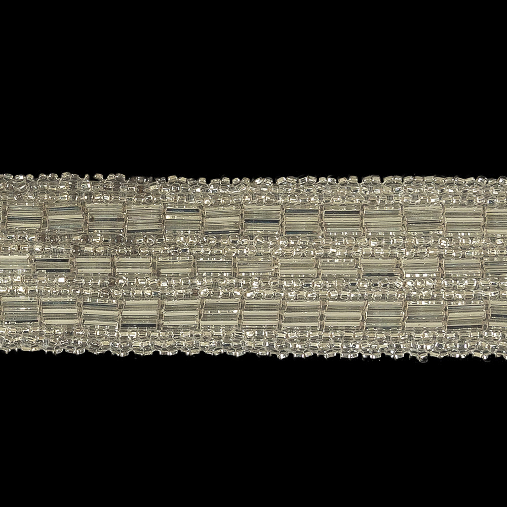 Vintage Silver Lined Seed and Bugle Beaded Striped Trim - 1.375" Detail
