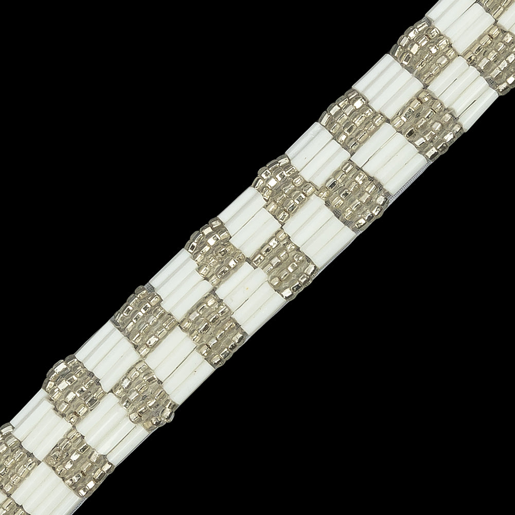 Vintage White and Silver Two Row Checkerboard Beaded Trim - 0.625" Detail