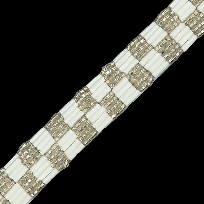 Vintage White and Silver Two Row Checkerboard Beaded Trim - 0.625" Detail