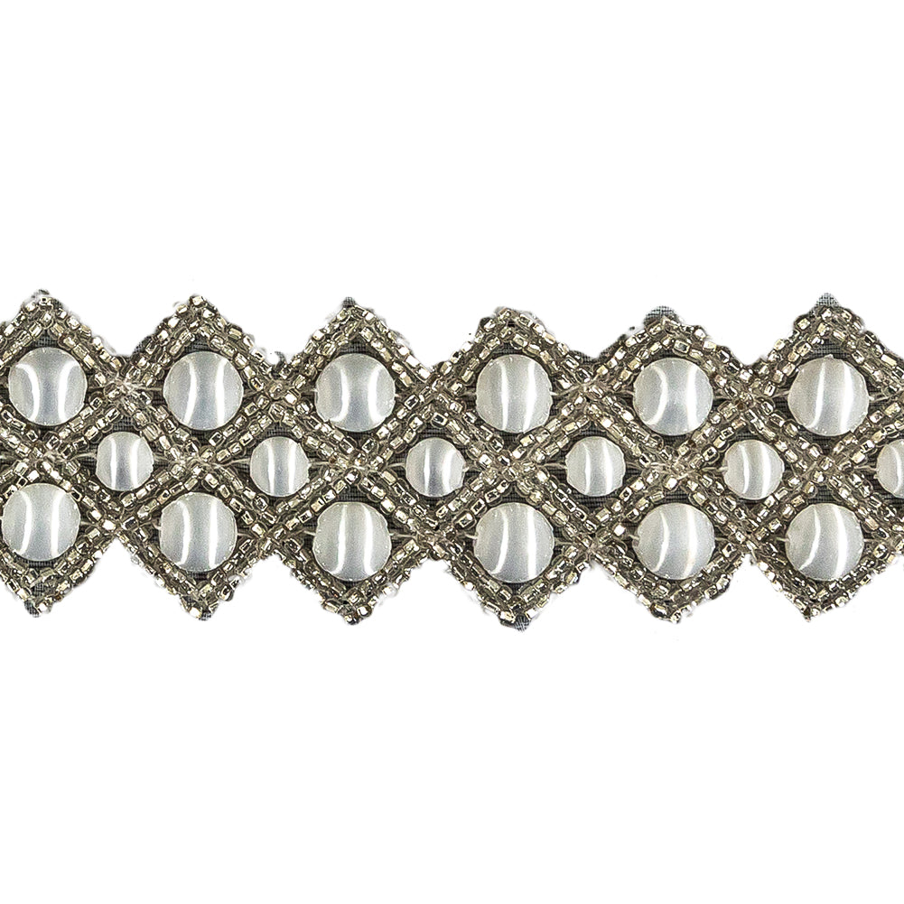 Vintage White and Silver Diamonds Beaded Trim - 1.25" Detail