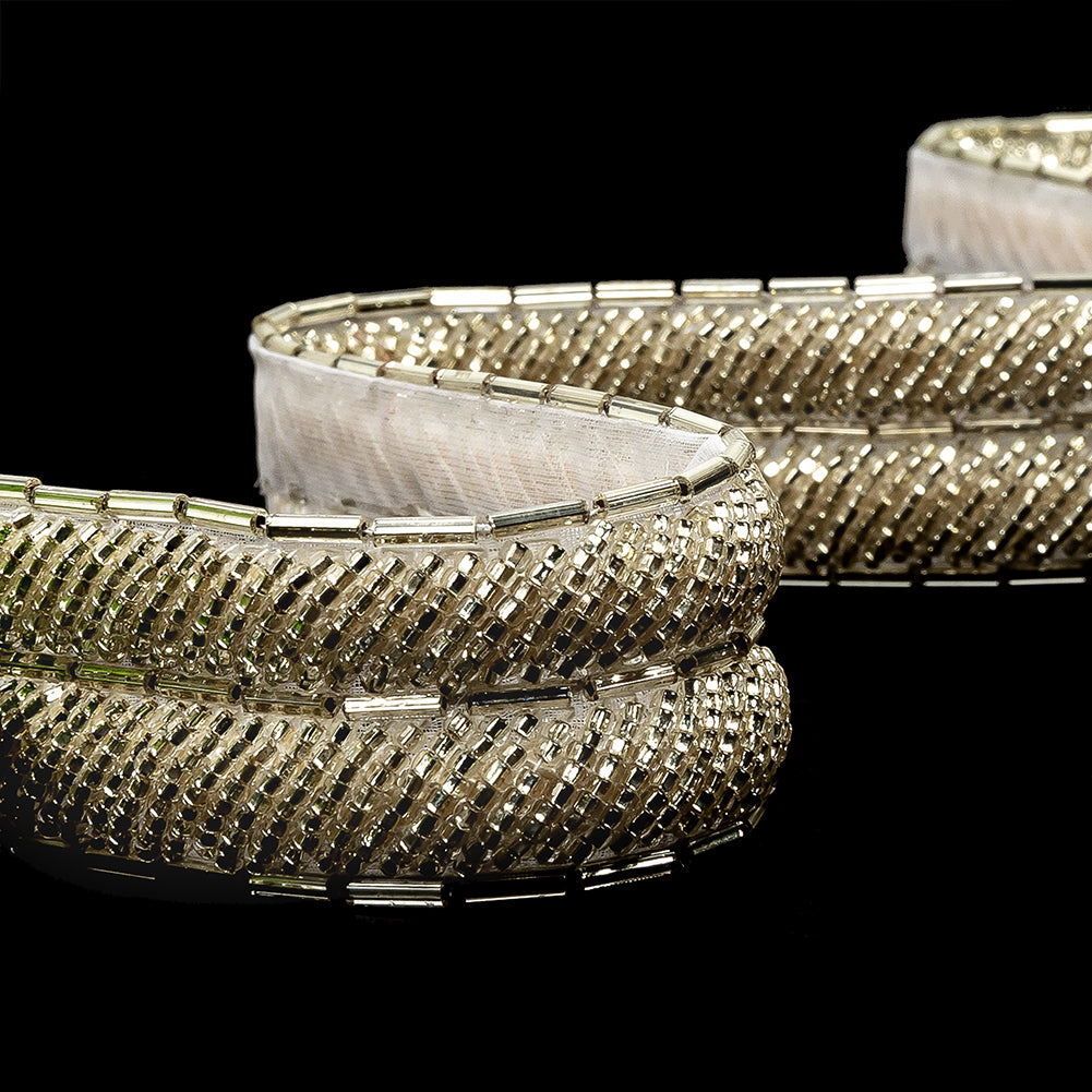 Vintage Fancy Off-White and Silver Bugle Beaded Trim - 1"