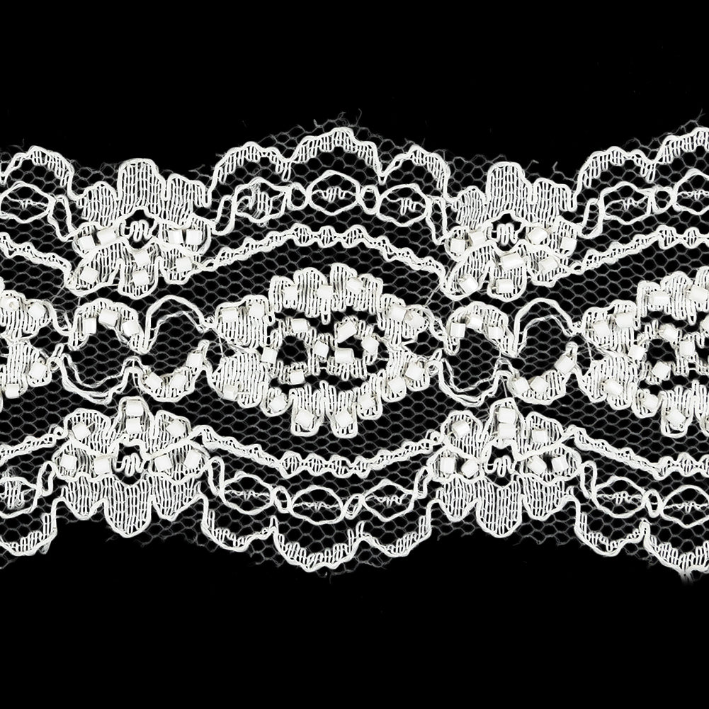 Vintage White Beaded Floral Lace Trim with Scalloped Edges - 2.25" Detail