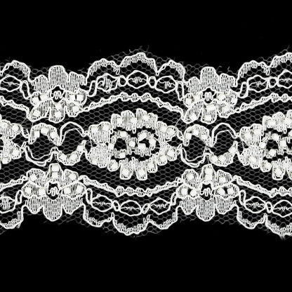Vintage White Beaded Floral Lace Trim with Scalloped Edges - 2.25" Detail