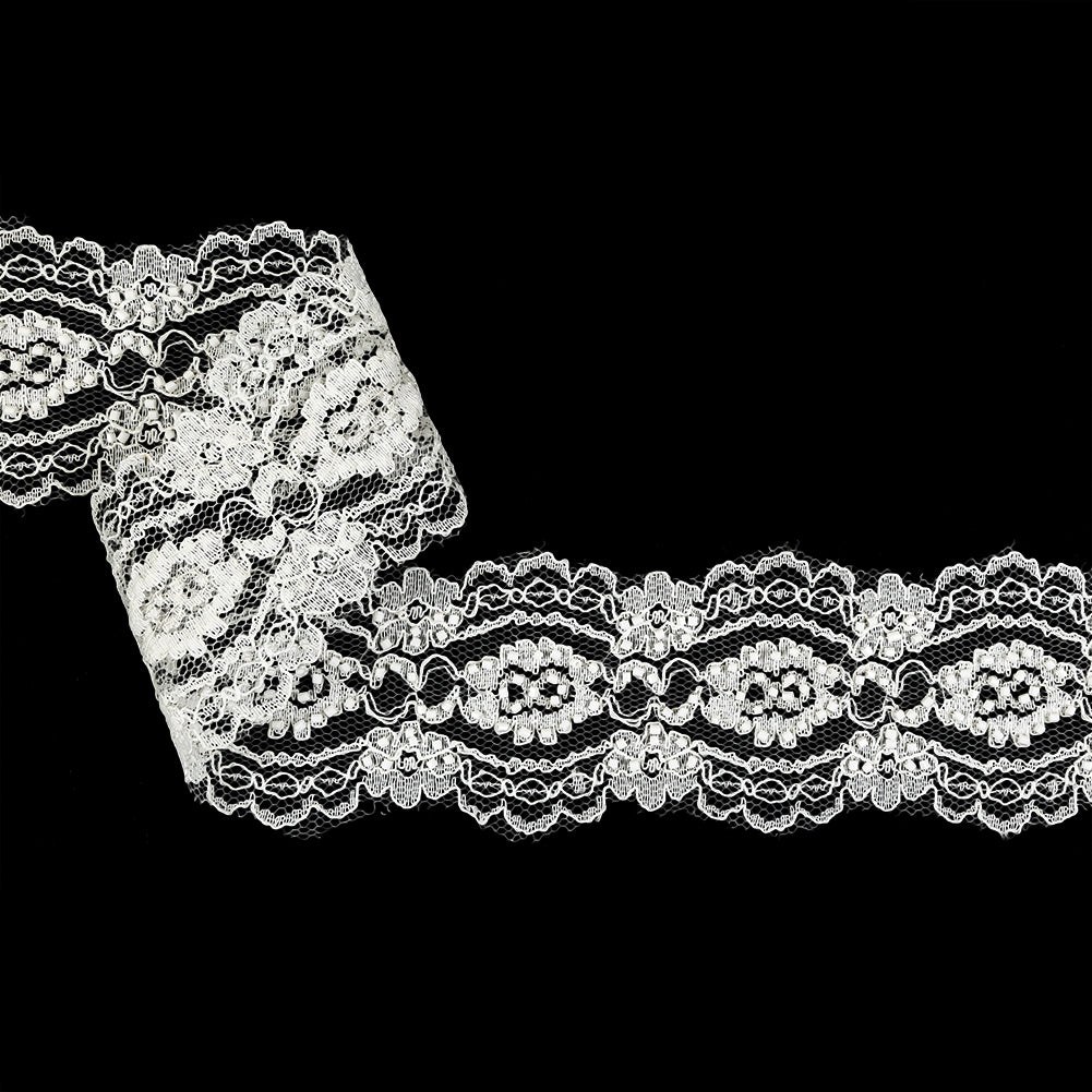 Vintage White Beaded Floral Lace Trim with Scalloped Edges - 2.25"