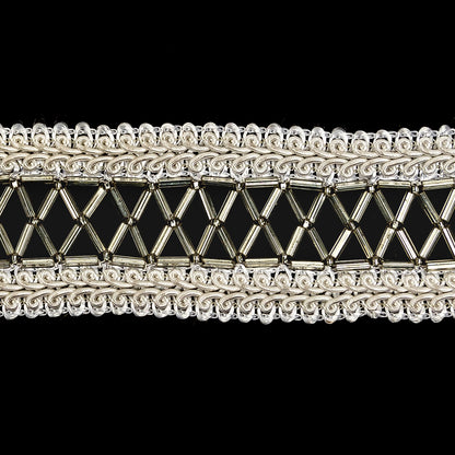 Vintage Off-White Cotton Blend Gimp Braided Trim with Beaded Center - 1.5" Detail