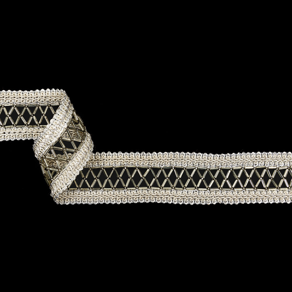 Vintage Off-White Cotton Blend Gimp Braided Trim with Beaded Center - 1.5"