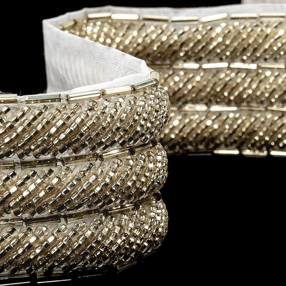 Vintage Fancy Off-White and Silver Bugle Beaded Trim - 1.5" Detail