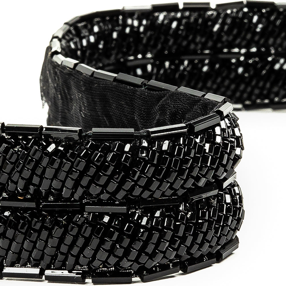 Vintage Fancy Black Bugle Beaded Trim - 1" Detail