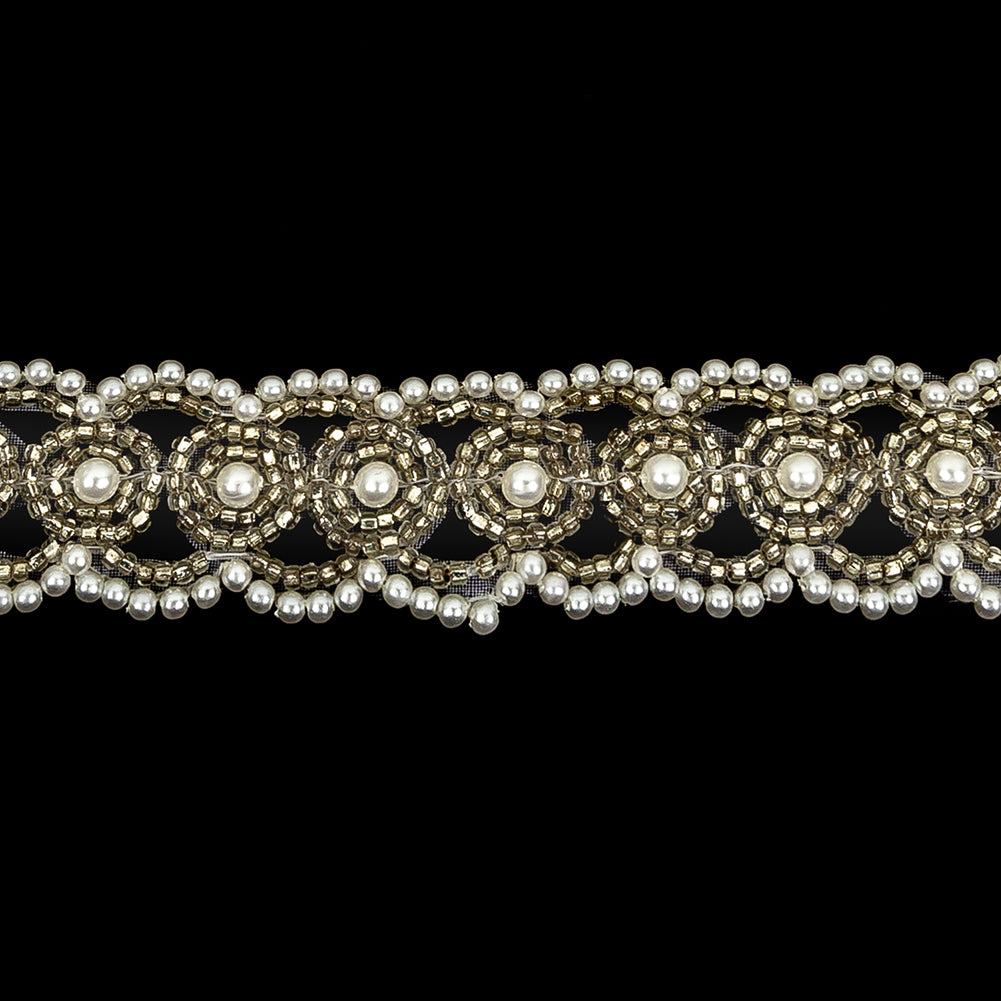 Vintage Fancy Pearl, White and Silver Beaded Trim - 0.875" Detail