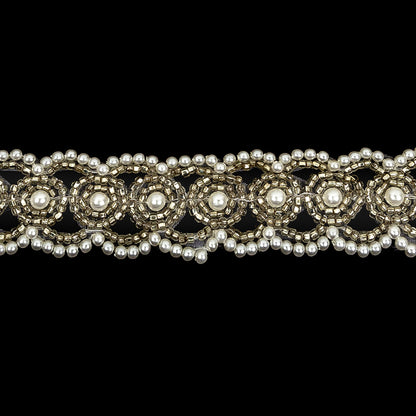 Vintage Fancy Pearl, White and Silver Beaded Trim - 0.875" Detail