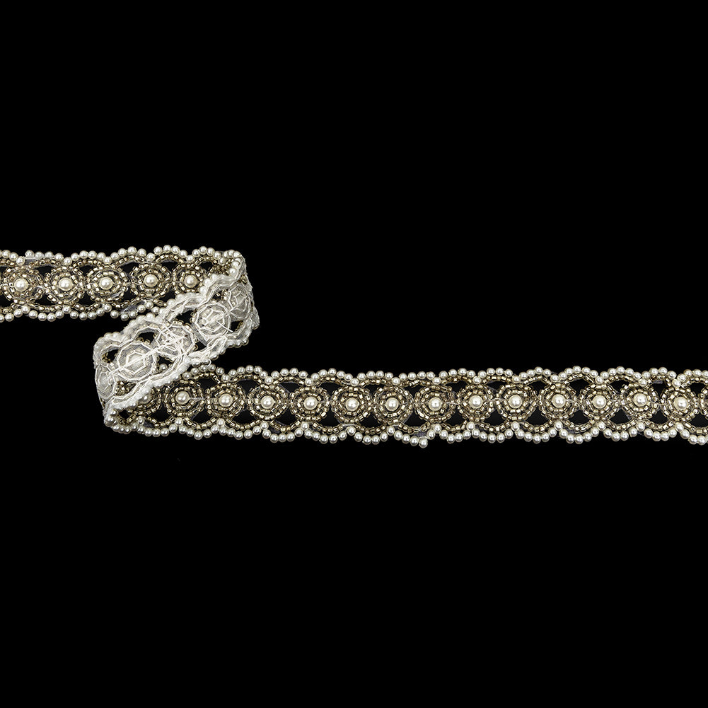 Vintage Fancy Pearl, White and Silver Beaded Trim - 0.875"