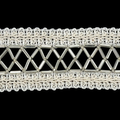 Vintage Silver and Ivory Lattice Window Rectangular Beaded and Braided Applique - 7.75" x 1.5" Detail