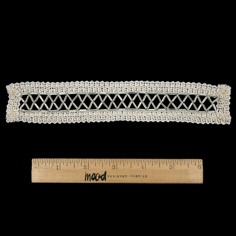 Vintage Silver and Ivory Lattice Window Rectangular Beaded and Braided Applique - 7.75" x 1.5" Full