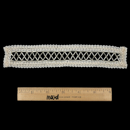 Vintage Silver and Ivory Lattice Window Rectangular Beaded and Braided Applique - 7.75" x 1.5" Full
