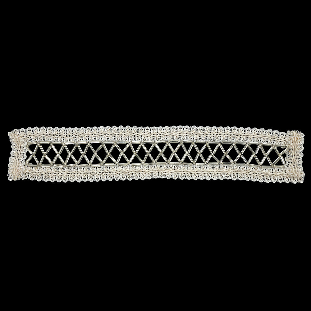 Vintage Silver and Ivory Lattice Window Rectangular Beaded and Braided Applique - 7.75" x 1.5"
