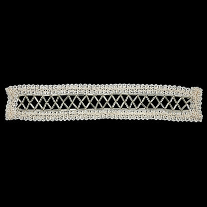 Vintage Silver and Ivory Lattice Window Rectangular Beaded and Braided Applique - 7.75" x 1.5"