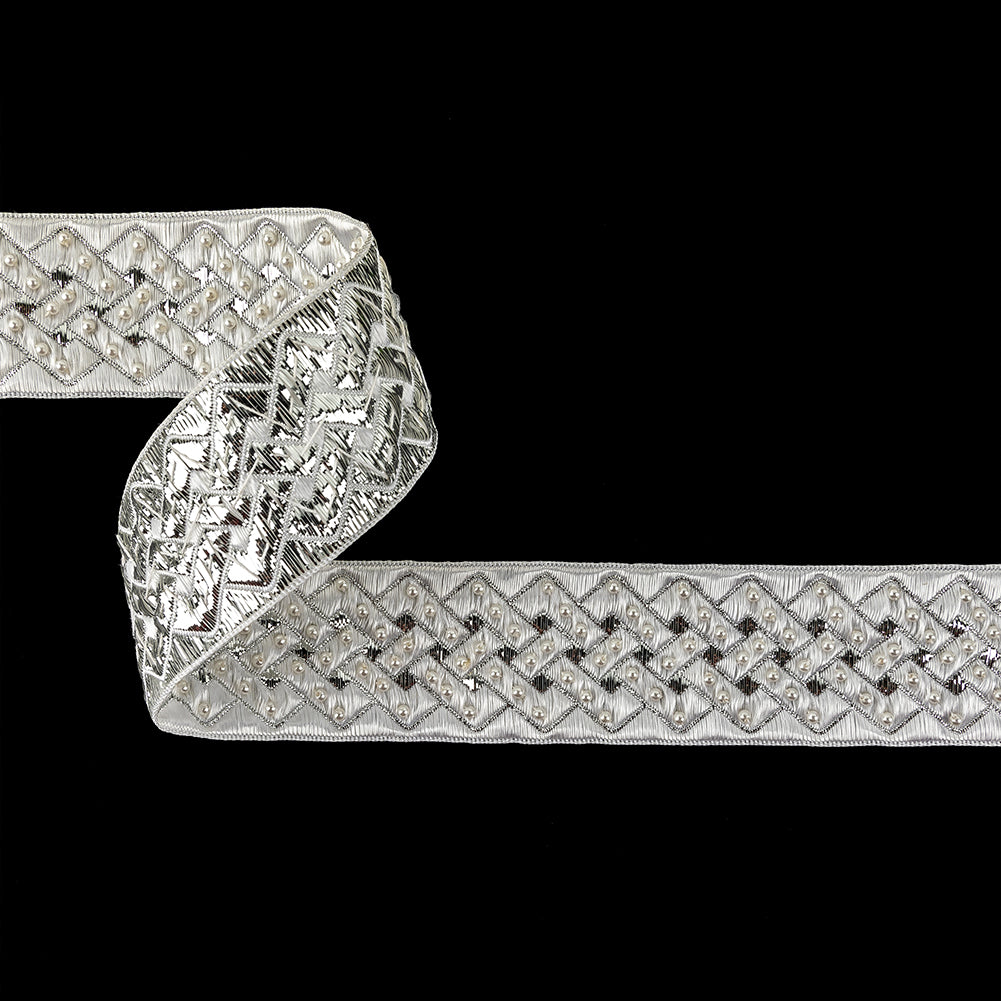 Vintage Ivory and Silver Lurex and Rayon Blend Beaded Ribbon - 1.5"