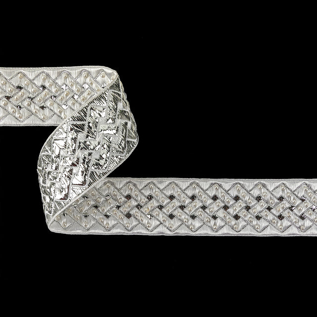 Vintage Ivory and Silver Lurex and Rayon Blend Beaded Ribbon - 1.5"