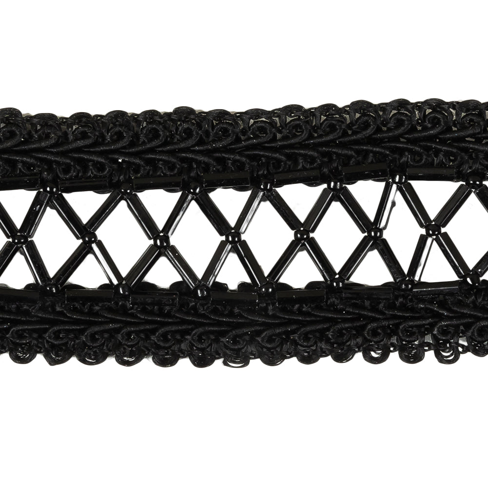 Vintage Black Rectangular Beaded Latticework and Gimp Braid Applique - 7.875" x 1.375" Detail