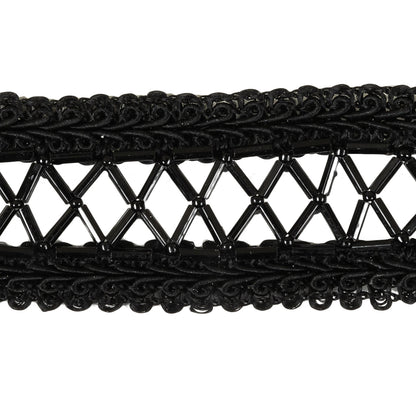 Vintage Black Rectangular Beaded Latticework and Gimp Braid Applique - 7.875" x 1.375" Detail