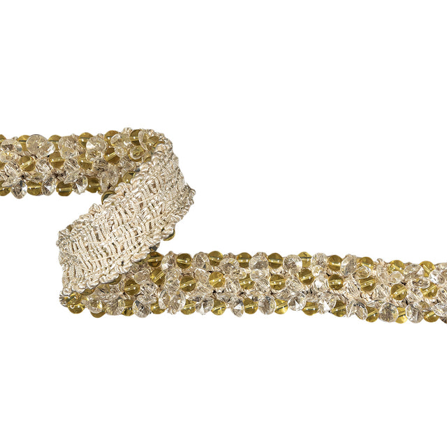 Vintage Yellow and Clear Beaded Beige Cotton Blend Braided Trim - 1.25"
