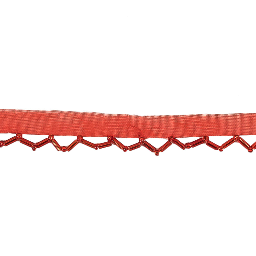 Vintage Red Beaded Scalloped Fringe Trim on Polyester Mesh - 0.5" Detail