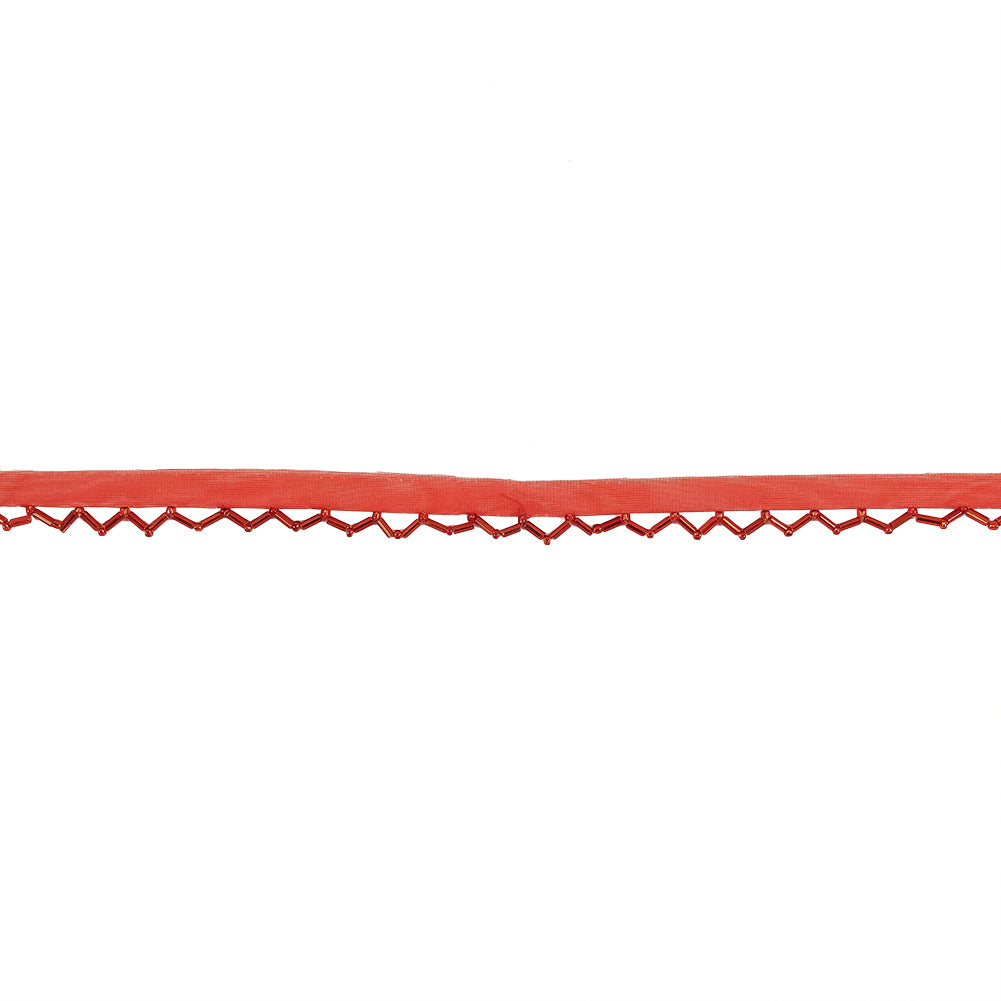 Vintage Red Beaded Scalloped Fringe Trim on Polyester Mesh - 0.5"