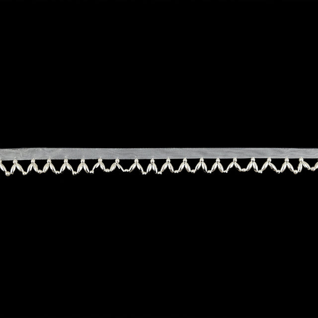 Vintage White and Pearl Beaded Scalloped Fringe Trim on Polyester Mesh - 0.5"