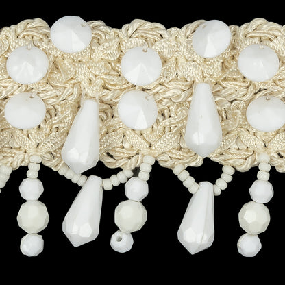 Vintage Ivory Ornate Braided Trim with White Beaded Fringe - 2.25" Detail