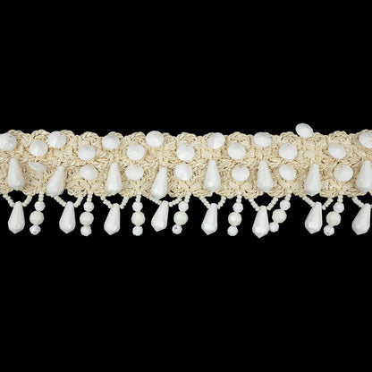 Vintage Ivory Ornate Braided Trim with White Beaded Fringe - 2.25"