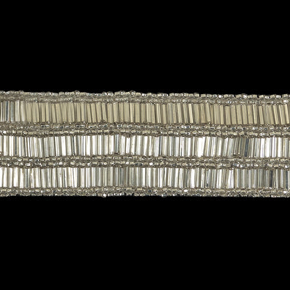 Vintage Silver Lined 3 Row Bugle and Seed Bead Striped Trim - 1.375" Detail