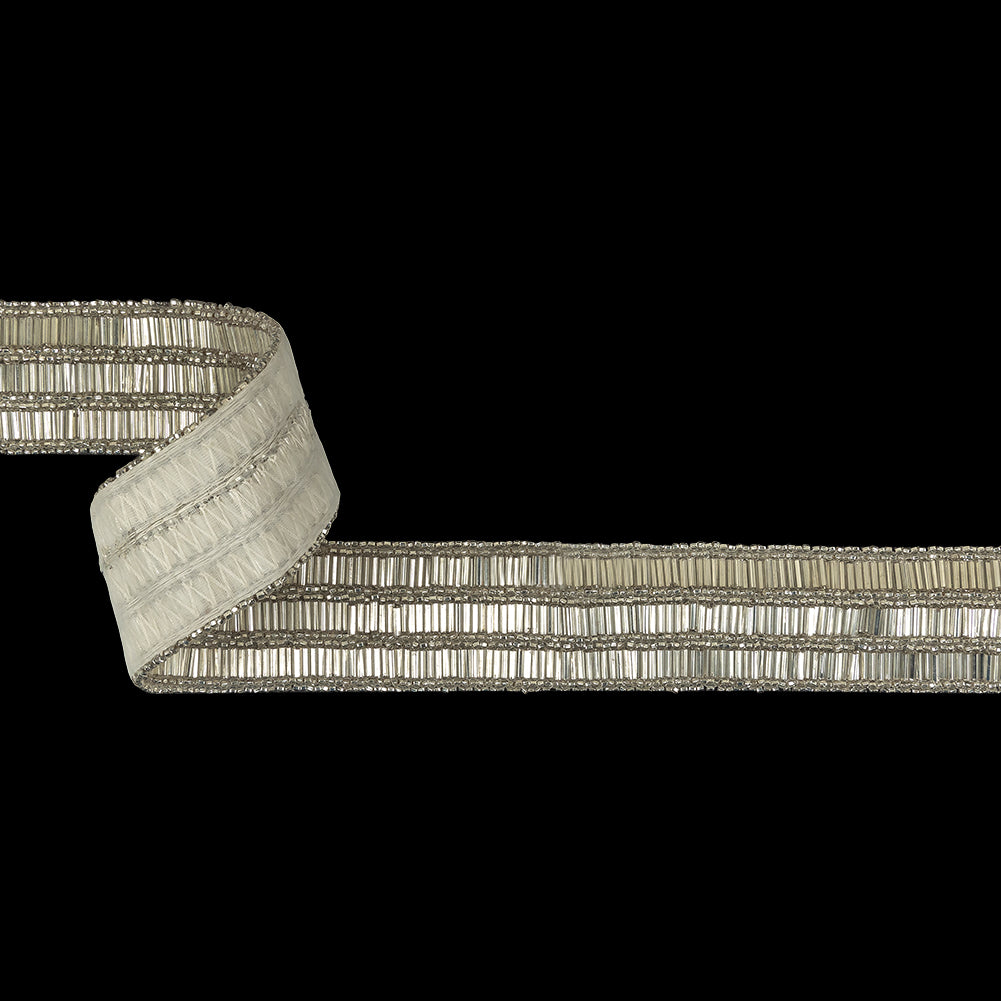 Vintage Silver Lined 3 Row Bugle and Seed Bead Striped Trim - 1.375"