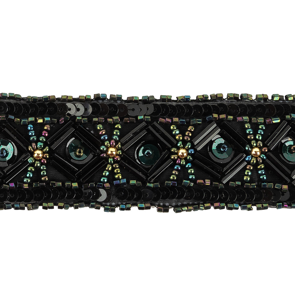 Vintage Green Iris Geometric Beaded and Sequins Trimming - 1.25" Detail