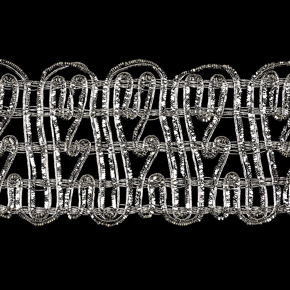 Vintage Metallic Silver Twisting Lines Braided Trim - 2" Detail